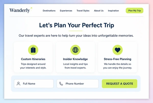 A rebuilt travel page ending in a contact strip with two fields and one button