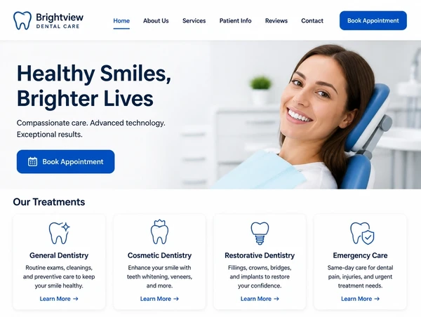 A redesigned dental clinic website homepage with a treatment list and a book appointment button