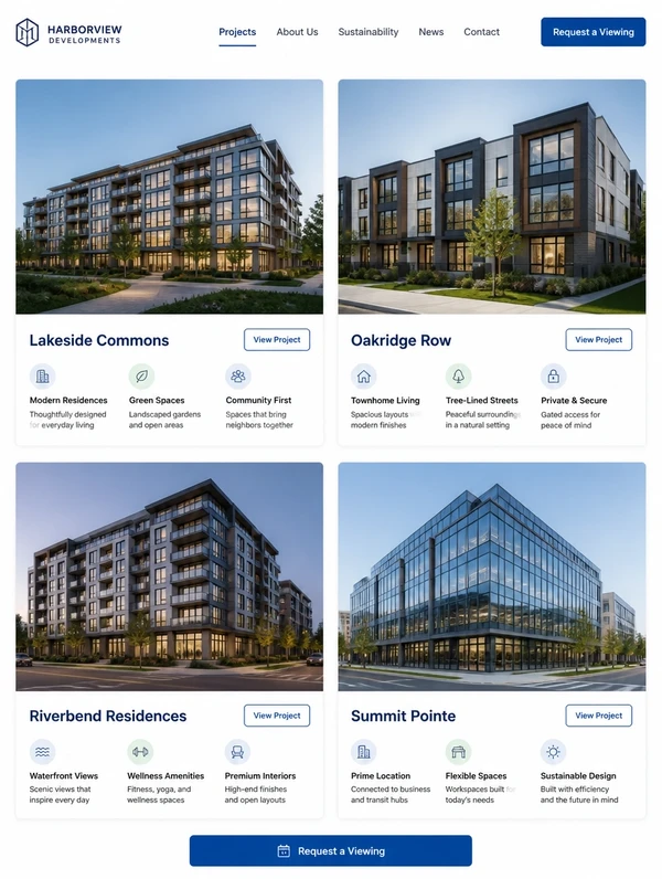 A redesigned property developer website with a project gallery and a request a viewing button