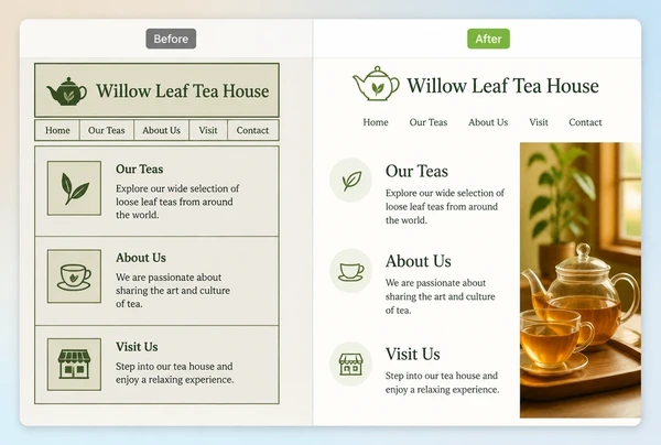 The same tea house page shown twice, dated styling beside its refreshed design