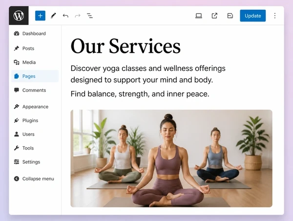A WordPress editor open on a yoga studio services page with three content blocks