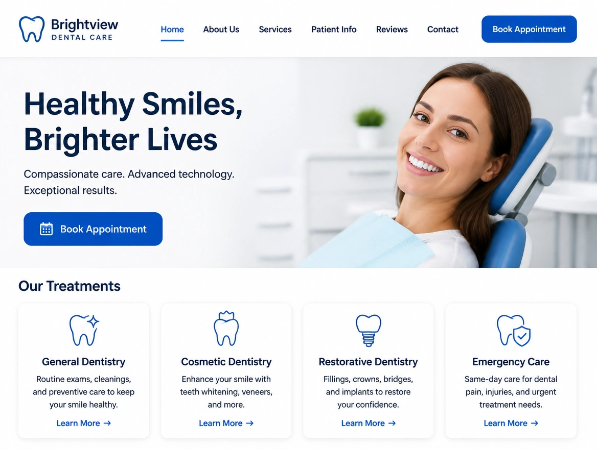 A redesigned dental clinic website homepage with a treatment list and a book appointment button