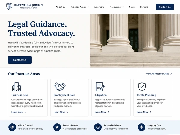 A corporate law firm website homepage with practice area cards and a contact button