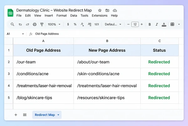 A Google Sheets redirect map for a dermatology clinic website with four old and new addresses
