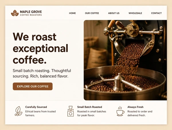 A modernised coffee roastery home page with a clear headline, one photograph and one button