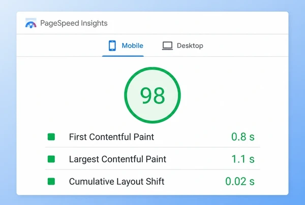 A PageSpeed Insights report for a photography studio page with a green score and three timings