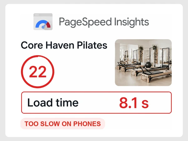 Core Haven Pilates mobile report scores 22 with an 8.1-second load time.