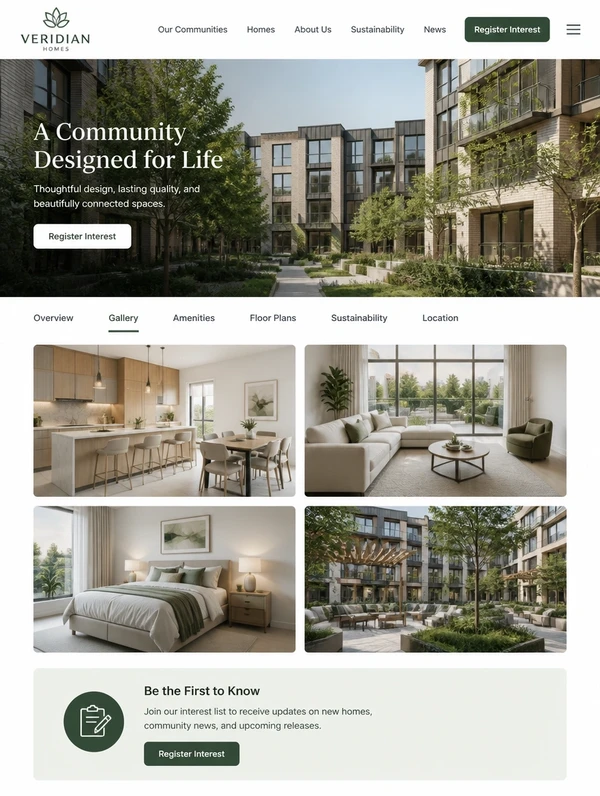 A property developer website project page with a gallery and a register interest button