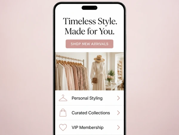 A rebuilt fashion boutique page shown at phone width with large type and one button