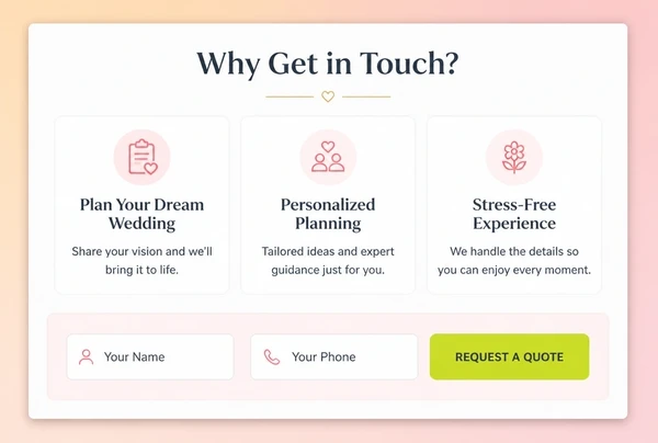 A rebuilt wedding planner page ending in a contact strip with two fields and one button