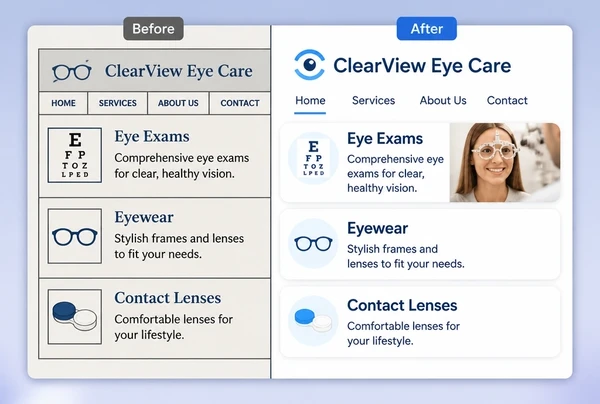 The same optometry practice page shown twice, dated styling beside its refreshed design