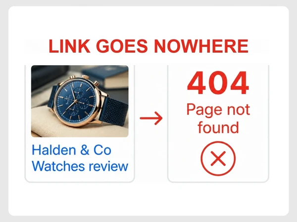 A magazine link to Halden & Co Watches opens a 404 Page not found screen.