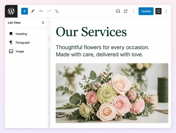 A WordPress editor open on a florist services page with three content blocks