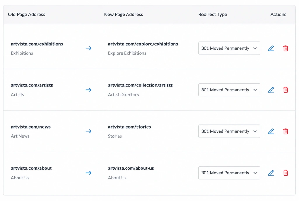 A redirect list pairing old page addresses with their new addresses on an art gallery site.