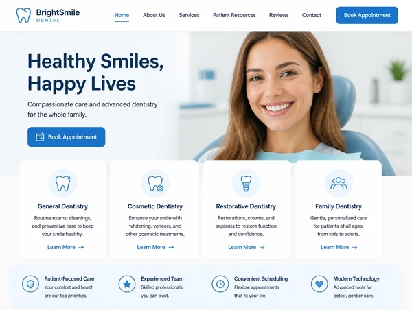 A dental clinic website homepage rebuilt with a book appointment button