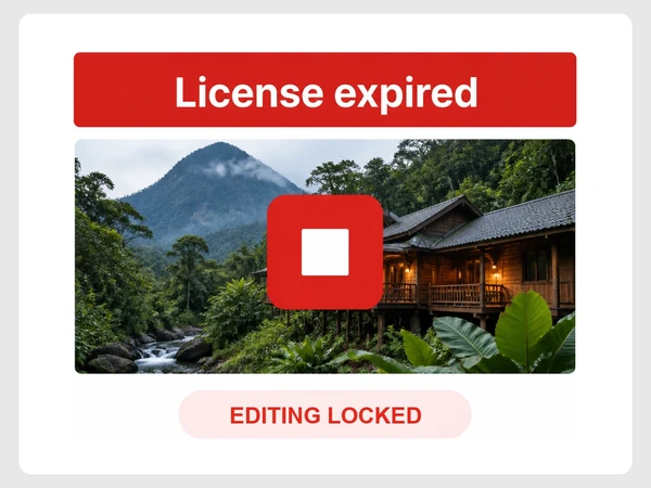 Kinabalu Ridge Lodge page builder is grayed out beneath a red License expired banner and padlock.