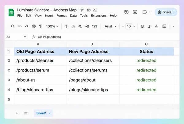 A Google Sheets redirect map for a skincare brand website with four old and new addresses