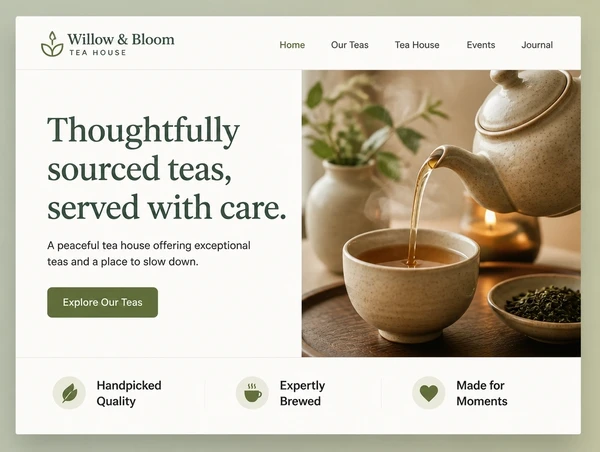 A modernised tea house home page with a clear headline, one photograph and one button