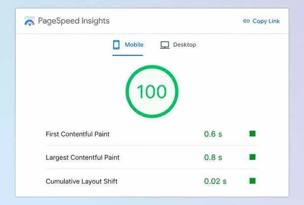 A PageSpeed Insights report for a pilates studio page with a green score and three timings