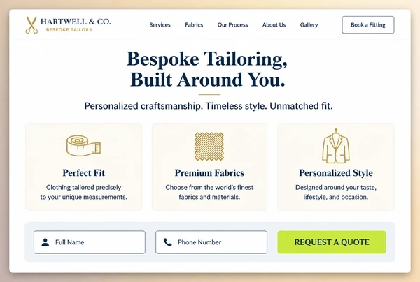 A rebuilt bespoke tailor page ending in a contact strip with two fields and one button