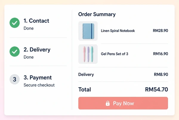 A rebuilt stationery brand shop checkout with three steps and an order summary total