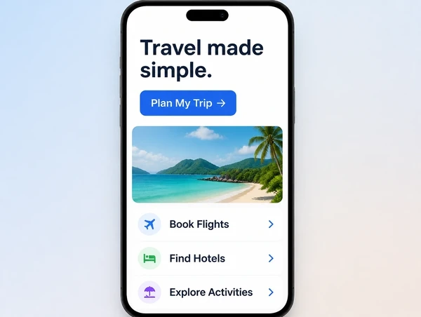 A rebuilt travel page shown at phone width with large type and one button