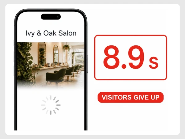 Ivy & Oak Salon phone page remains half loaded at 8.9 seconds while visitors give up.