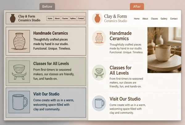 The same ceramics studio page shown twice, dated styling beside its refreshed design