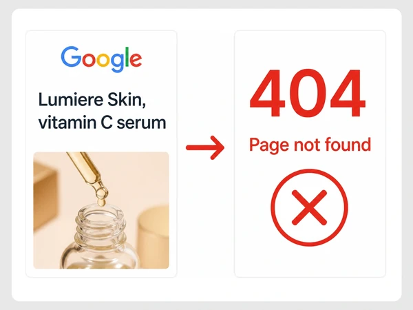 Lumiere Skin vitamin C serum Google result opens a red 404 Page not found screen.