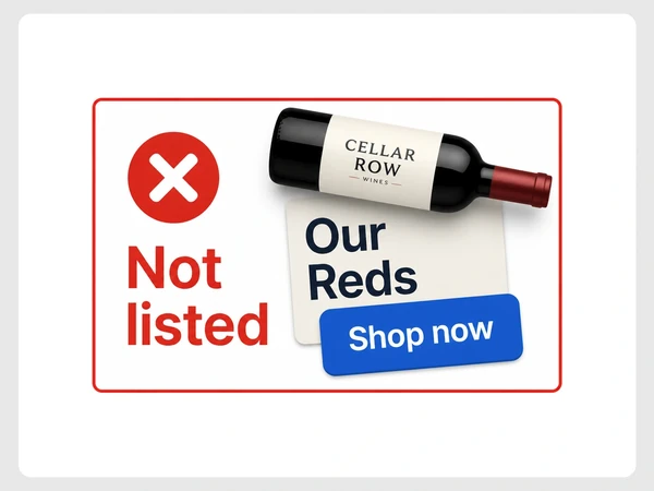 Cellar Row Wines phone page overlaps its wine bottle, Our Reds title, and Shop now button.