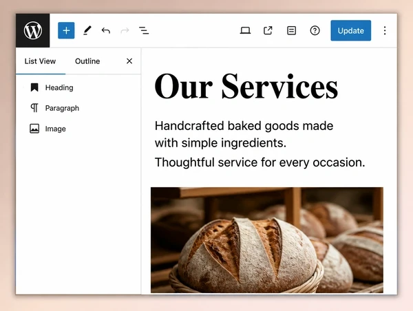 A WordPress editor open on an artisan bakery services page with three content blocks