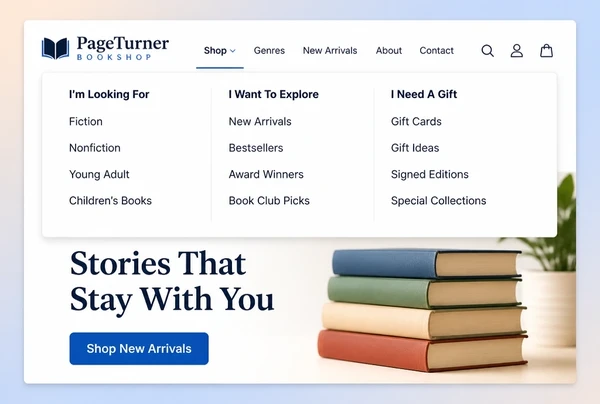 A bookshop website with its menu open, pages regrouped into three labelled columns