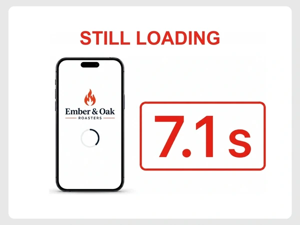 Ember & Oak Roasters phone homepage remains blank and loading at 7.1 seconds.