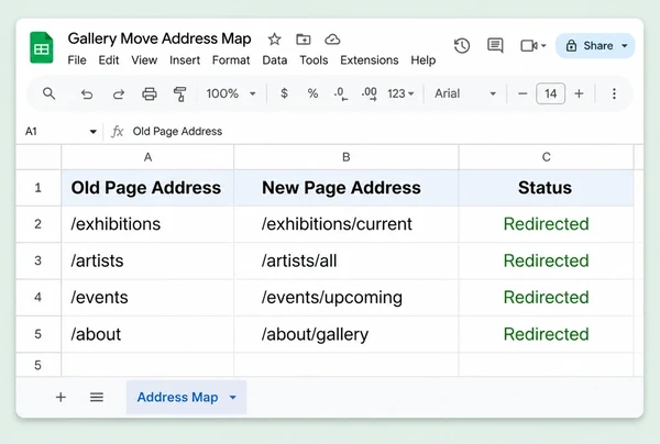 A Google Sheets redirect map for an art gallery website with four old and new addresses