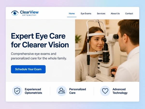 A modernised optometry practice home page with a clear headline, one photograph and one button