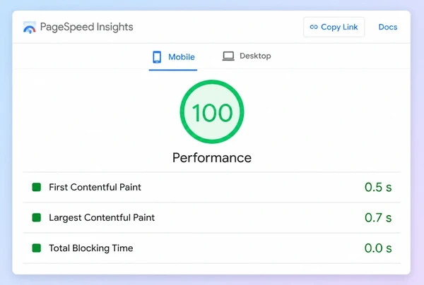 A PageSpeed Insights report for an accountancy practice page with a green score and three timings