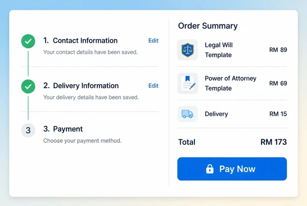 A rebuilt law practice shop checkout with three steps and an order summary total