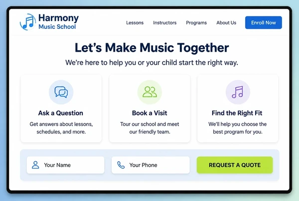 A rebuilt music school page ending in a contact strip with two fields and one button