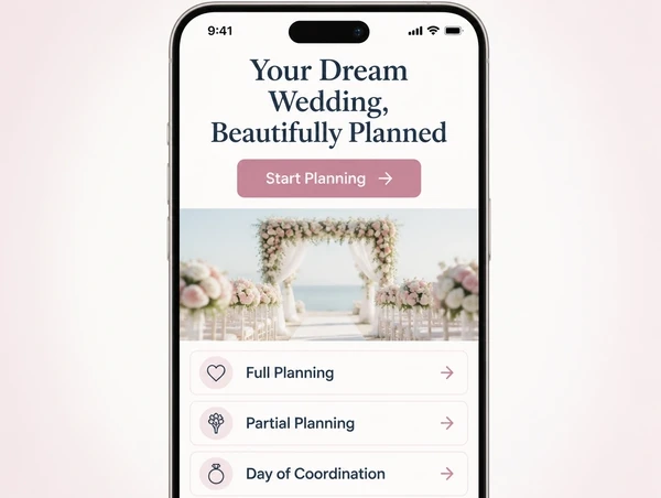 A rebuilt wedding planner page shown at phone width with large type and one button