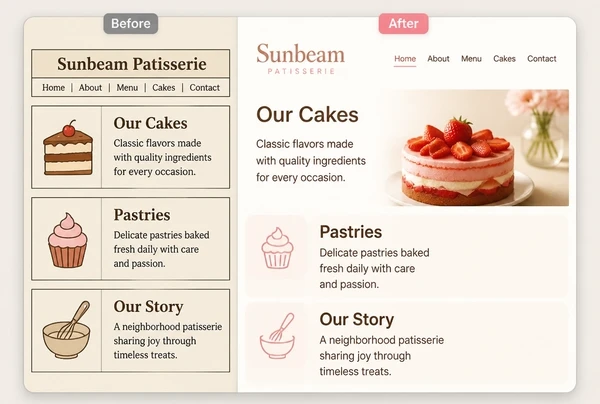 The same patisserie page shown twice, dated styling beside its refreshed design
