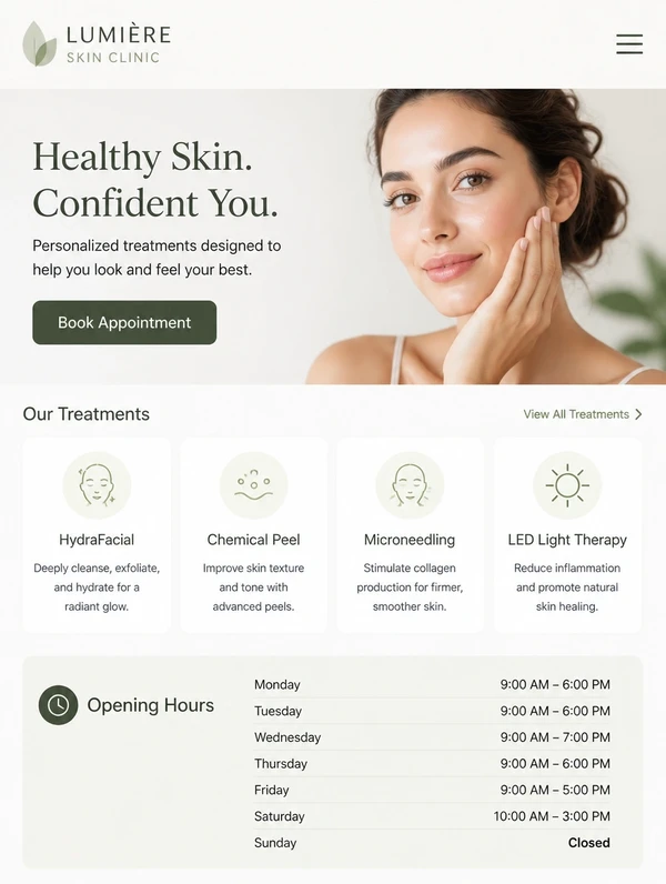 A skincare clinic treatment page with a booking button and opening hours