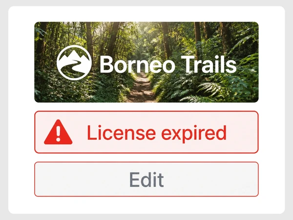 Borneo Trails page editor shows a grayed Edit button beneath a red License expired warning.