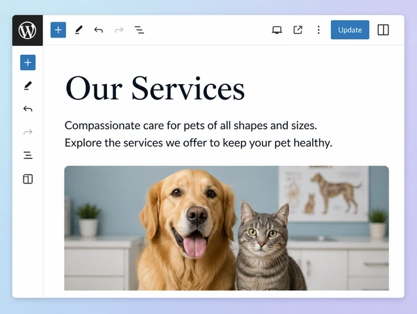 A WordPress editor open on a veterinary practice services page with three content blocks