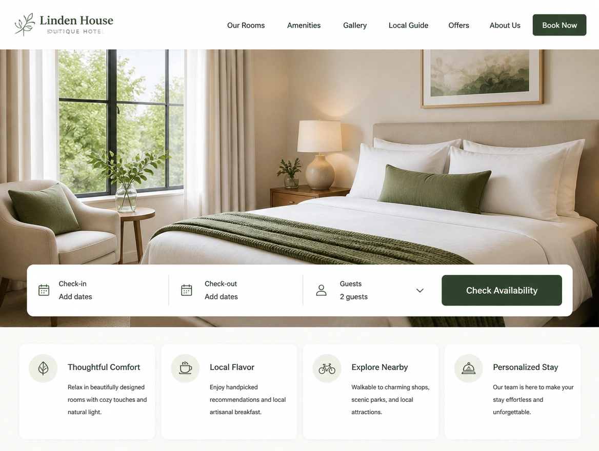 A boutique hotel website homepage with a room booking search bar