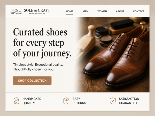A modernised shoe boutique home page with a clear headline, one photograph and one button