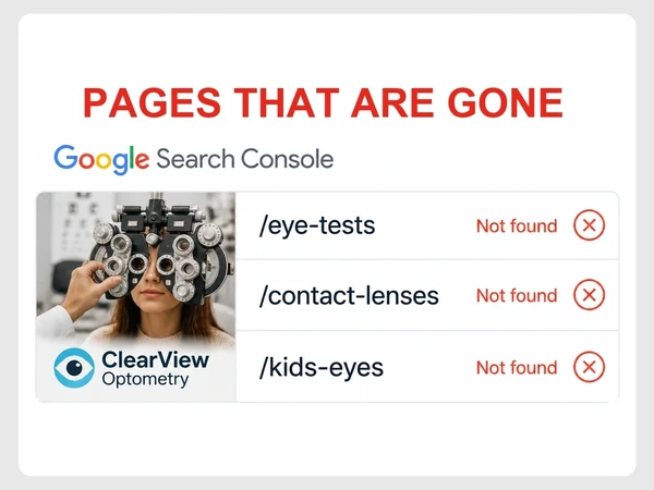 ClearView Optometry Search Console marks eye-tests, contact-lenses, and kids-eyes pages as not found.