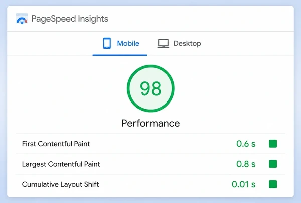 A PageSpeed Insights report for a barber shop page with a green score and three timings