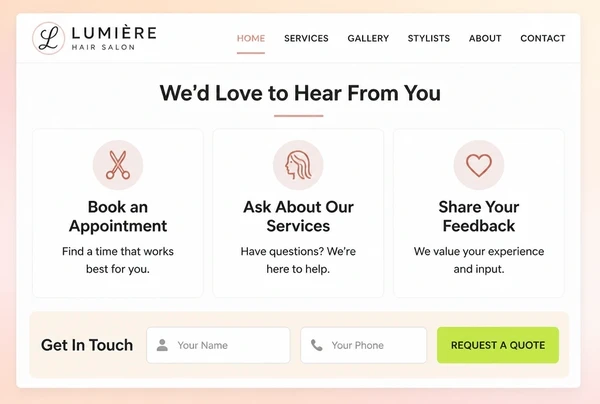 A rebuilt hair salon page ending in a contact strip with two fields and one button