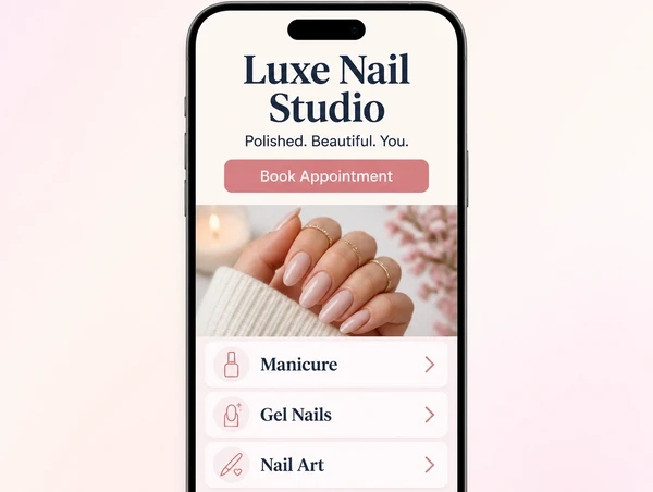 A rebuilt nail studio page shown at phone width with large type and one button