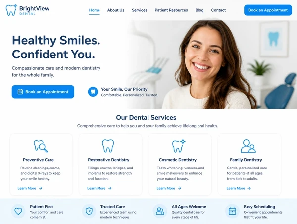A redesigned dental clinic homepage with treatment sections and a book an appointment button